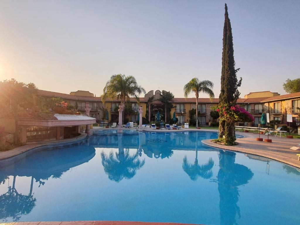 Swimming pool and gardens at sunset